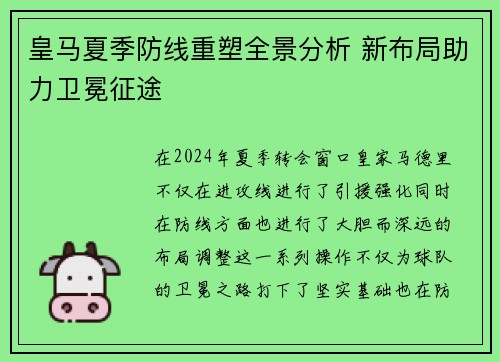 皇马夏季防线重塑全景分析 新布局助力卫冕征途 皇马夏季防线重塑全景分析 新布局助力卫冕征途